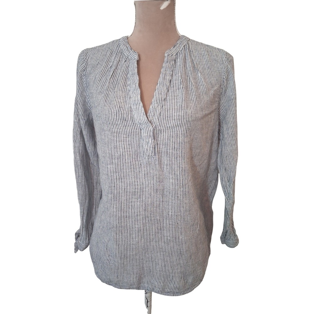 Old Navy Womens Blue White Striped Linen Blend Tie Cuff Tunic Blouse Medium
